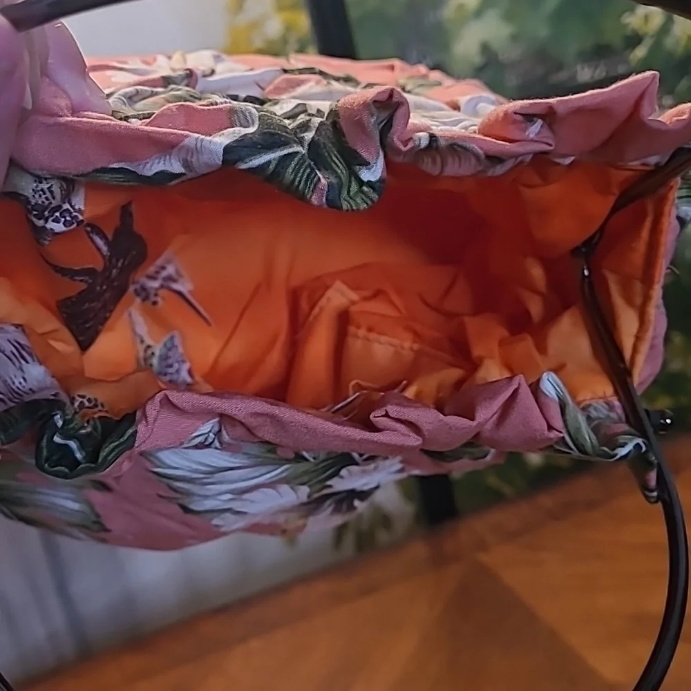 Ky's unique vintage Hawaiian pink floral fabric metal handle clutch purse